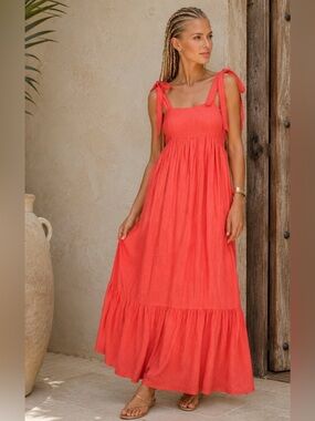 MINE Coral Bow Shoulder Maxi Vacation Dress M Boho Tiered Smocked Back Rayon
